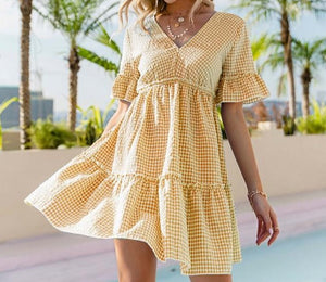 Elegant V-Neck Ruffle Sleeves High-Waist Plaid Dress - LEPITON