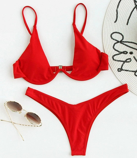 Red Triangle Solid Bikini Set - LEPITON