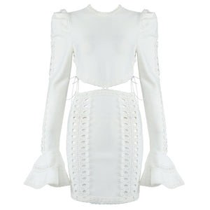 White Long Sleeve Bandage Cut-Out Dress - LEPITON