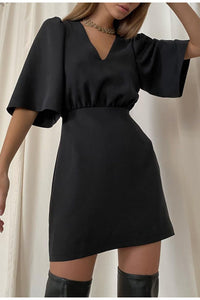 Elegant V-Neck Short Sleeve Solid A-Line Dress - LEPITON