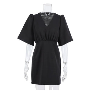 Elegant V-Neck Short Sleeve Solid A-Line Dress - LEPITON