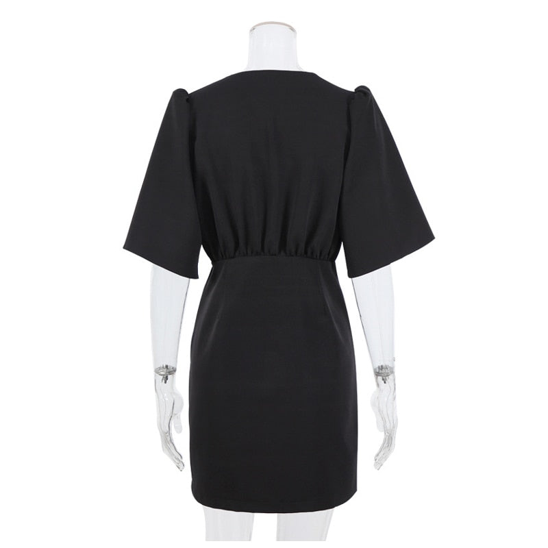 Elegant V-Neck Short Sleeve Solid A-Line Dress - LEPITON