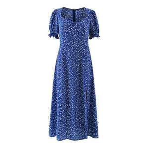 Elegant Puff Sleeve V-Neck Dot Print Split Midi Sundress - LEPITON