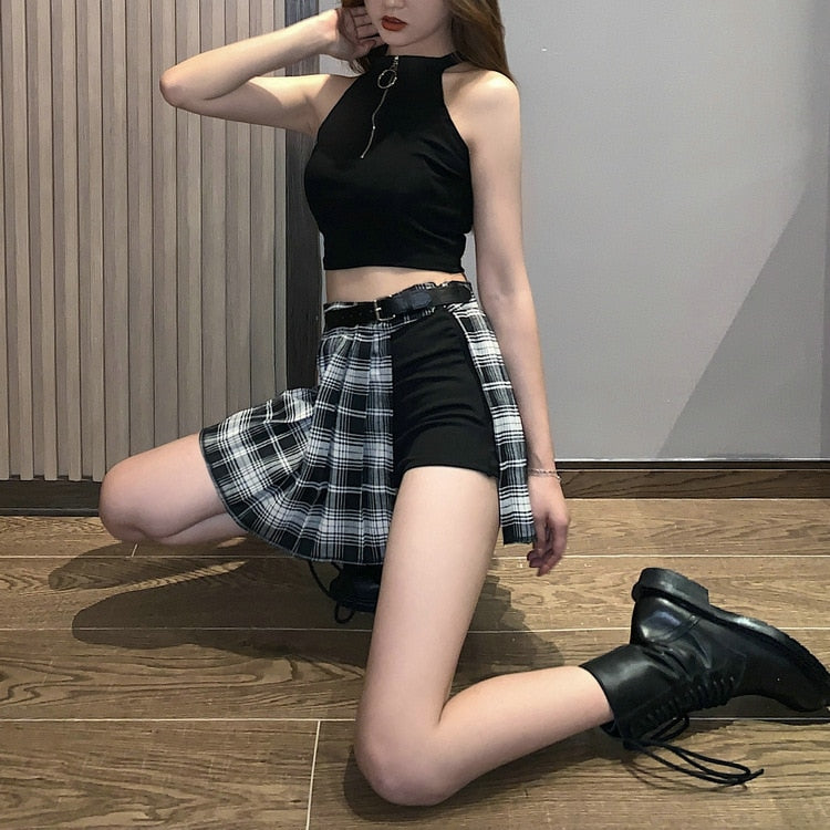 High-Waist Pleated Plaid Skirt with Shorts - LEPITON