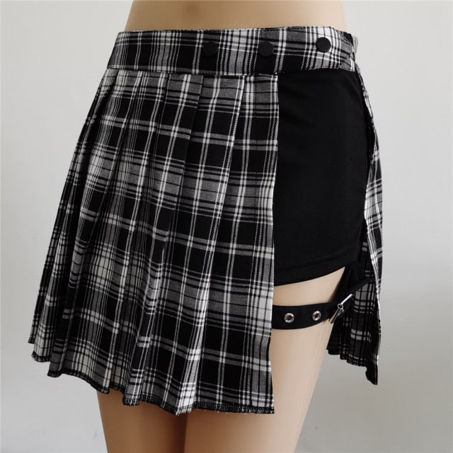 High-Waist Pleated Plaid Skirt with Shorts - LEPITON