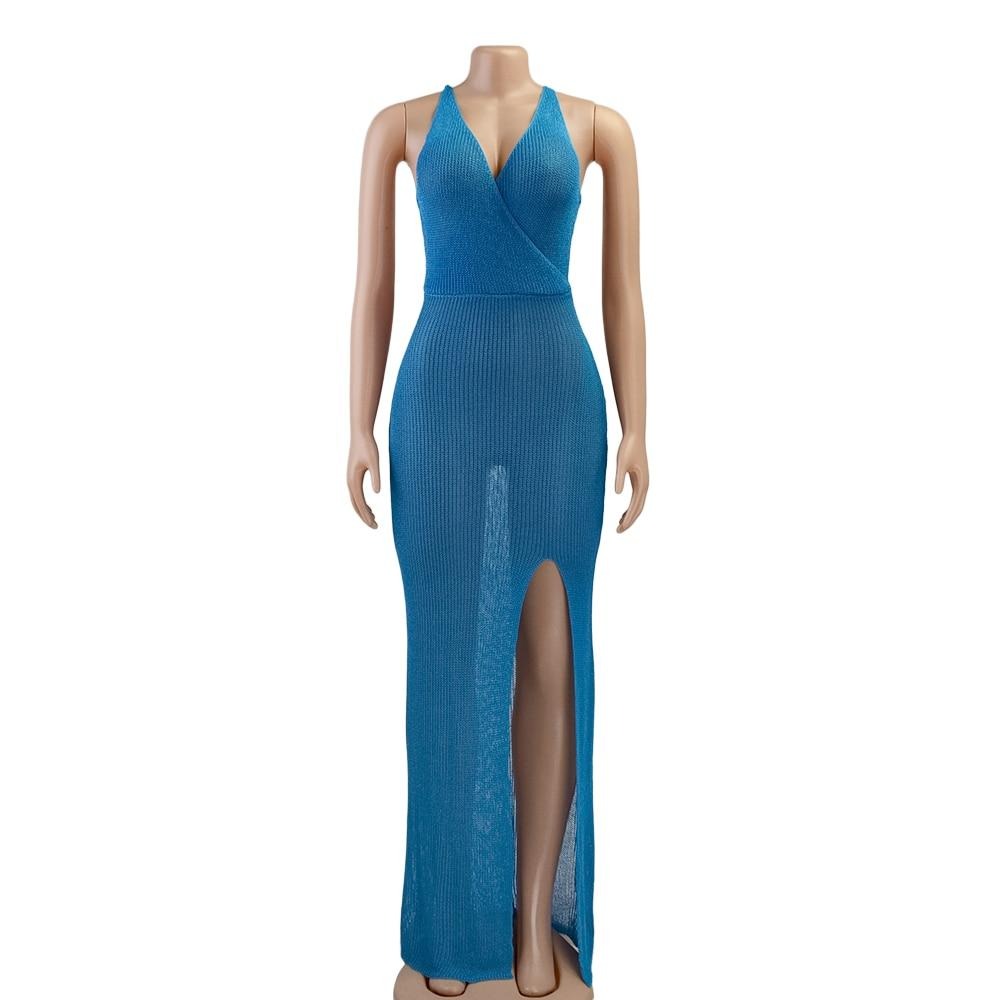 Plunge Backless Bandage Sleeveless Lacing Split Maxi Beach Dress - LEPITON