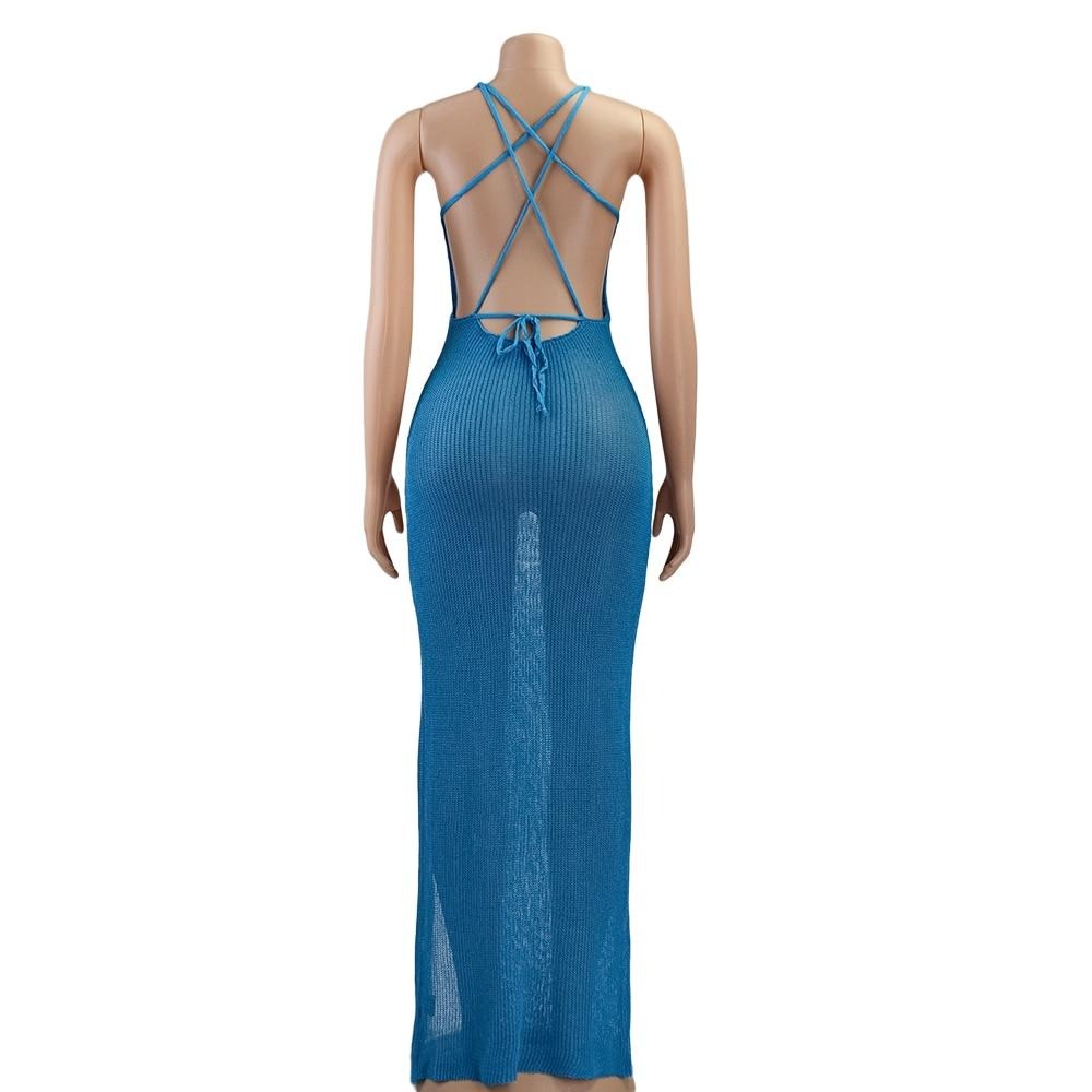 Plunge Backless Bandage Sleeveless Lacing Split Maxi Beach Dress - LEPITON