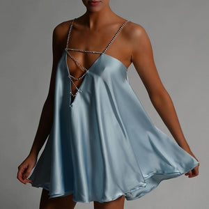 Diamante Chain Satin Low Back Swing Dress with Iridescent Crystal Straps - LEPITON