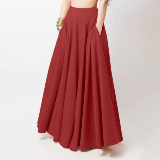 High-Waist Solid A-line Maxi Skirt - LEPITON