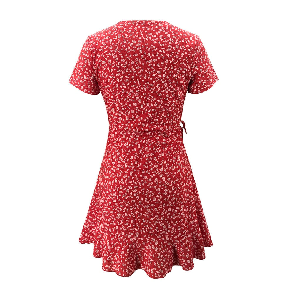 Floral A-Line Ruffles V-Neck Bandage Mini Dress - LEPITON