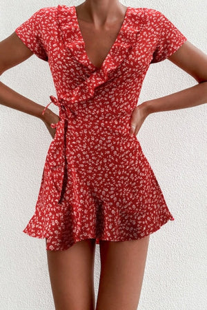 Floral A-Line Ruffles V-Neck Bandage Mini Dress - LEPITON