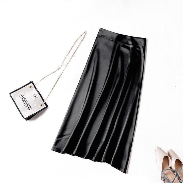 Satin High-Waist A-Line Midi Skirt - LEPITON