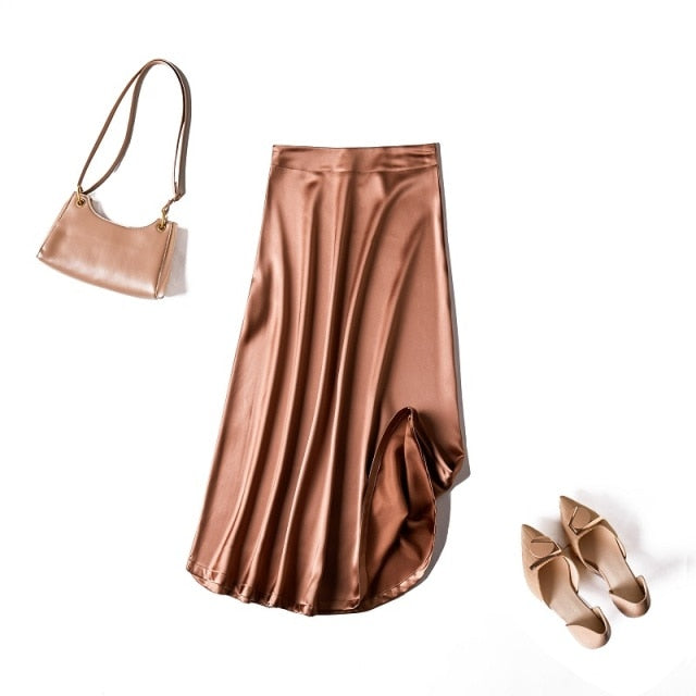 Satin High-Waist A-Line Midi Skirt - LEPITON