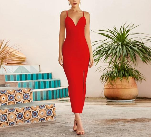 Bodycon Bandage V-Neck Spaghetti Strap Maxi Dress - LEPITON