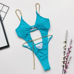 Blue Hollow Chain One-Piece Swimsuit - LEPITON