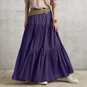 Vintage Ruffle Elastic Waist Solid Long Skirt - LEPITON