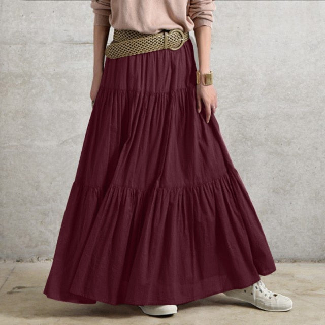 Vintage Ruffle Elastic Waist Solid Long Skirt - LEPITON