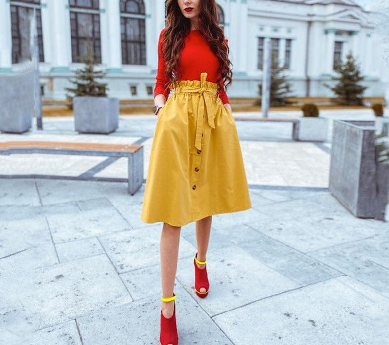 Solid Elegant High-Waist Single-Breasted Bow Lace-Up A-Line Midi Skirt - LEPITON