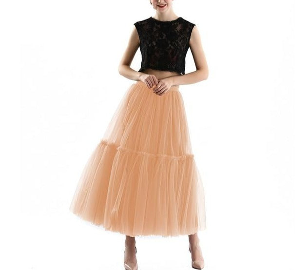 Pleated High-Waist Soft Mesh Long Skirt - LEPITON