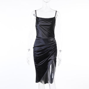 Stylish Satin V-Neck High Side Split Mini Dress - LEPITON