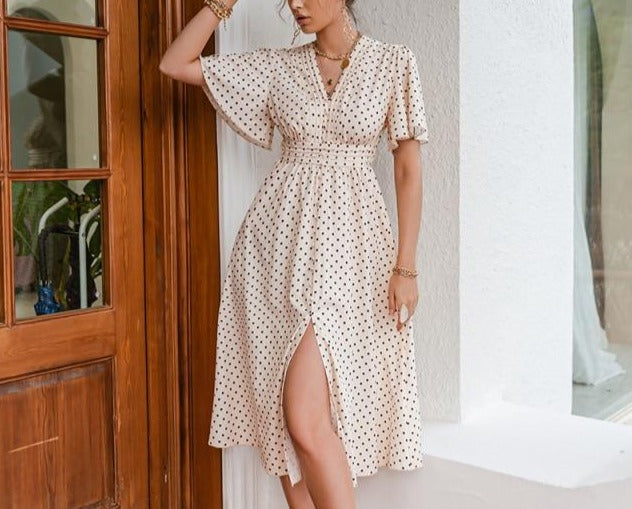 Chic Polka Dot Bell Sleeve High-Waist A-Line Maxi Dress - LEPITON