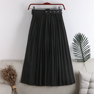 High-Waist Pleated Skirt with Belt - LEPITON