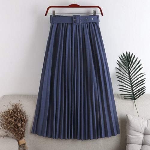 High-Waist Pleated Skirt with Belt - LEPITON