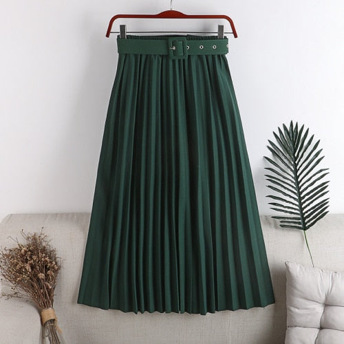 High-Waist Pleated Skirt with Belt - LEPITON