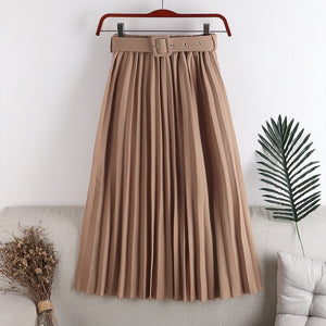 High-Waist Pleated Skirt with Belt - LEPITON