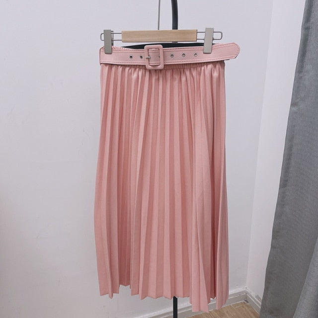 High-Waist Pleated Skirt with Belt - LEPITON