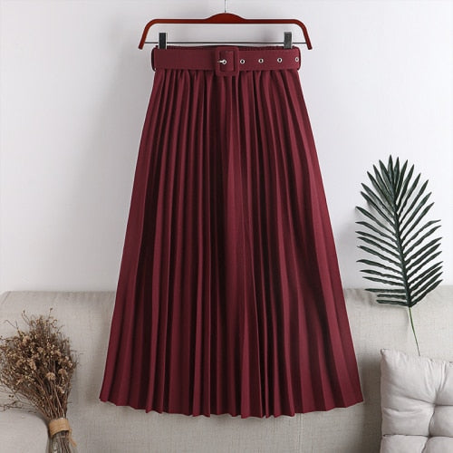 High-Waist Pleated Skirt with Belt - LEPITON