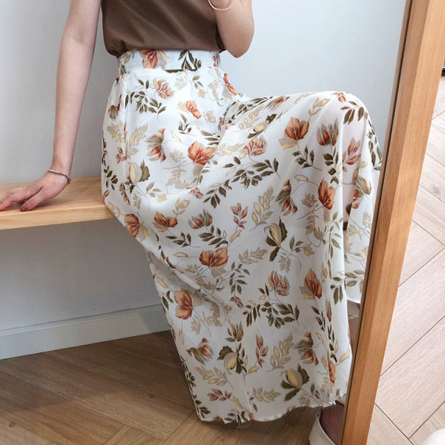 High-Waist Chiffon Floral Midi Skirt - LEPITON