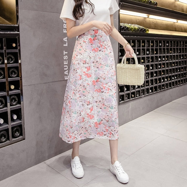 High-Waist Chiffon Floral Midi Skirt - LEPITON