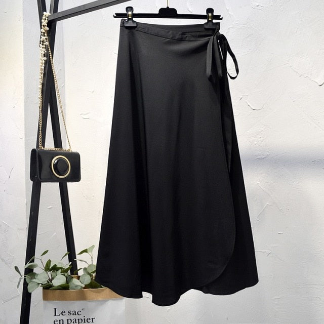 Elegant High-Waist Side Tie-Wrap Midi Skirt - LEPITON