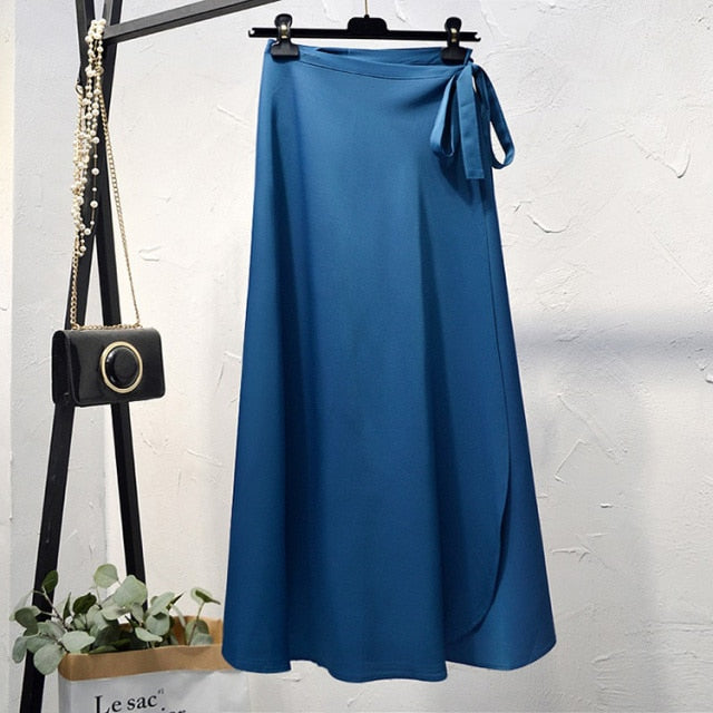 Elegant High-Waist Side Tie-Wrap Midi Skirt - LEPITON