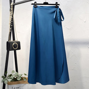 Elegant High-Waist Side Tie-Wrap Midi Skirt - LEPITON