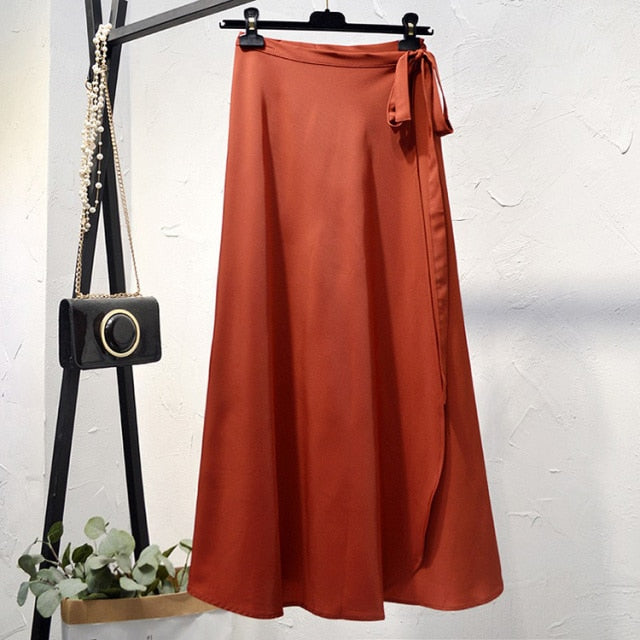 Elegant High-Waist Side Tie-Wrap Midi Skirt - LEPITON