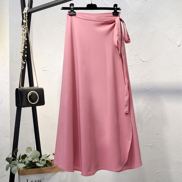 Elegant High-Waist Side Tie-Wrap Midi Skirt - LEPITON