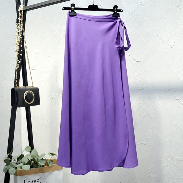 Elegant High-Waist Side Tie-Wrap Midi Skirt - LEPITON