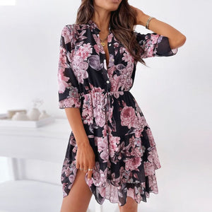 Floral Cascading Ruffles Half Sleeve Shirt Dress - LEPITON
