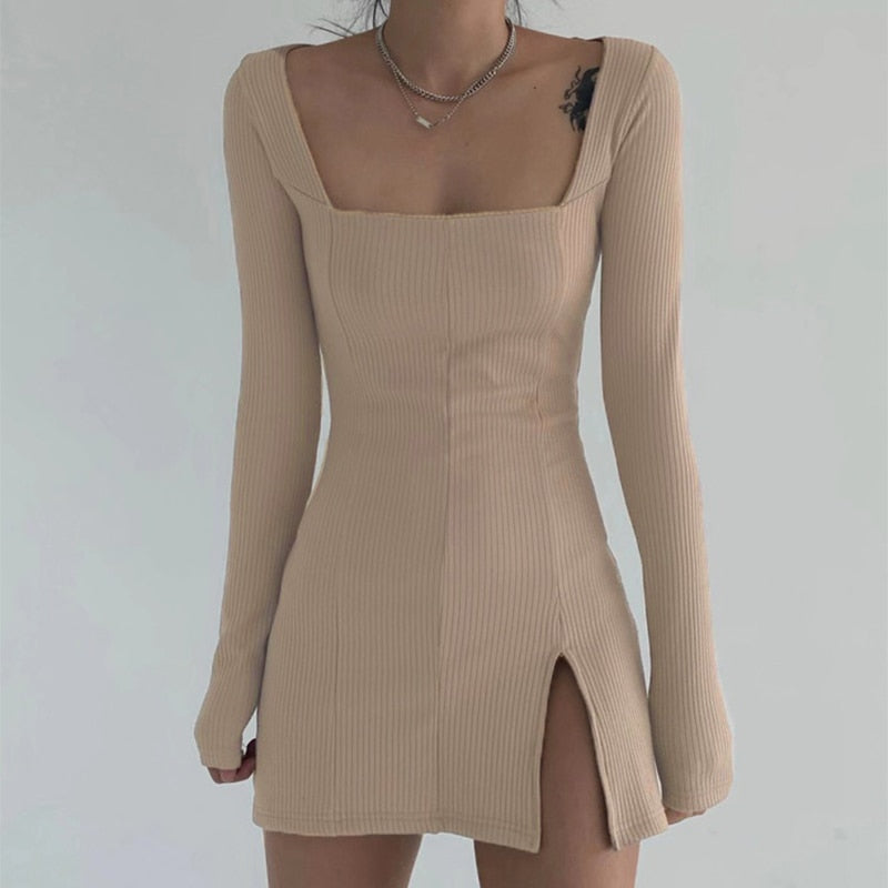 Elegant Square Neck Long Sleeve Ribbed Side Split Bodycon Mini Dress - LEPITON