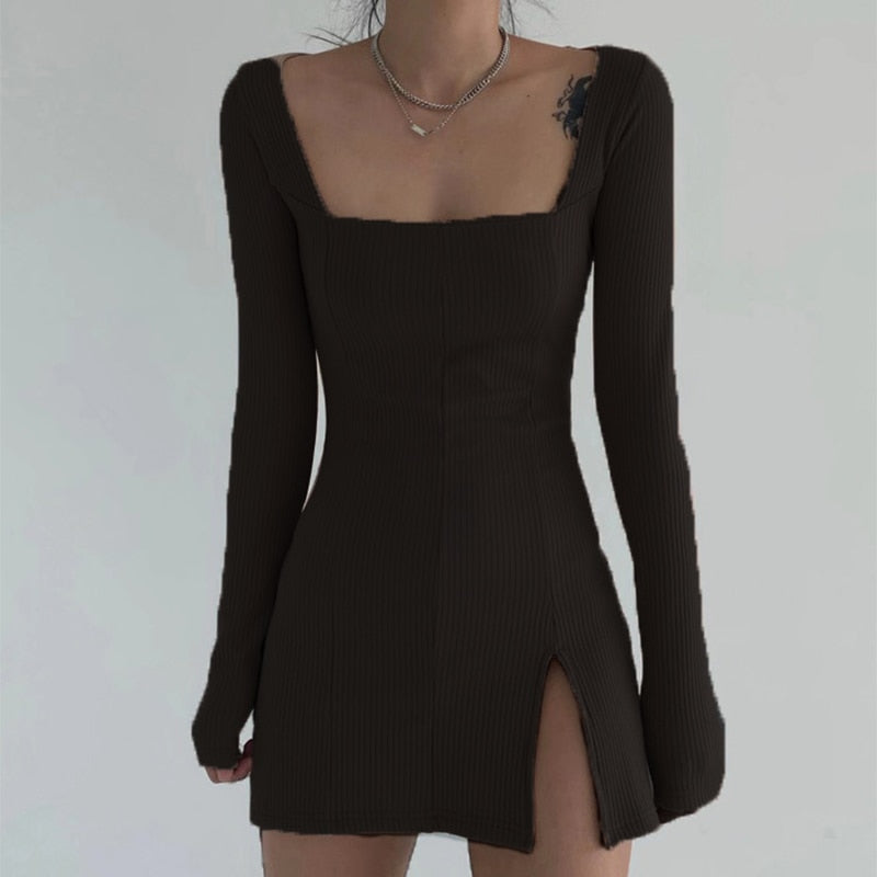 Elegant Square Neck Long Sleeve Ribbed Side Split Bodycon Mini Dress - LEPITON