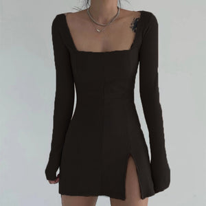 Elegant Square Neck Long Sleeve Ribbed Side Split Bodycon Mini Dress - LEPITON