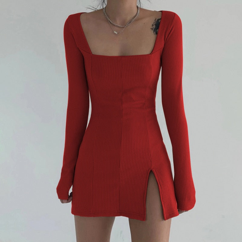 Elegant Square Neck Long Sleeve Ribbed Side Split Bodycon Mini Dress - LEPITON