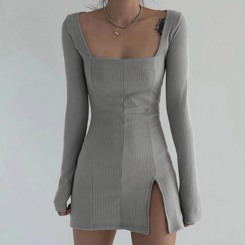 Elegant Square Neck Long Sleeve Ribbed Side Split Bodycon Mini Dress - LEPITON