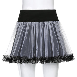 High-Waist Mesh Lace-Up Patchwork A-Line Mini Skirt - LEPITON