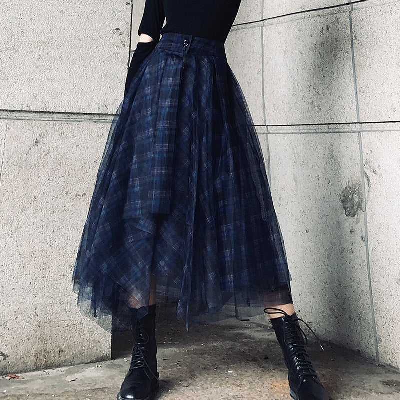 Plaid Patchwork Mesh High Waist A-Line Skirt - LEPITON