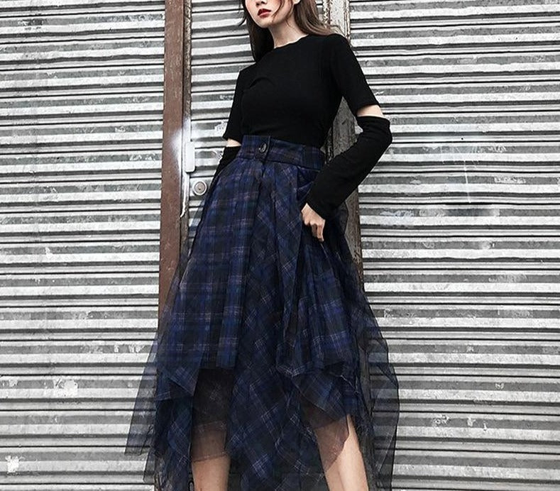 Plaid Patchwork Mesh High Waist A-Line Skirt - LEPITON