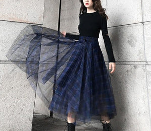 Plaid Patchwork Mesh High Waist A-Line Skirt - LEPITON