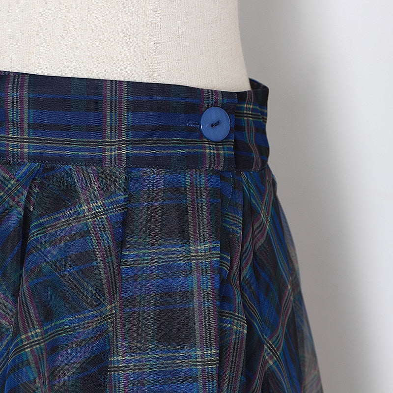 Plaid Patchwork Mesh High Waist A-Line Skirt - LEPITON